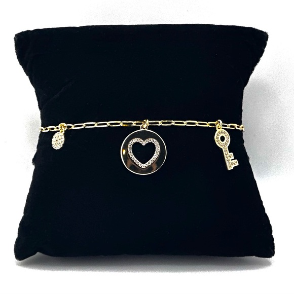 18K Gold Plated over 925 Solid Sterling Silver Link Chain Heart Bracelet - Picture 1 of 8